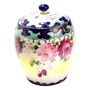 Vintage Hand-Painted Porcelain Floral Biscuit Jar with Lid Cobalt Blue Roses